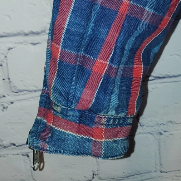 Vintage 90's Denim and Plaid Zip Up Midweight Reversible Coat w Zipper Sleeves - Picture 10 of 16